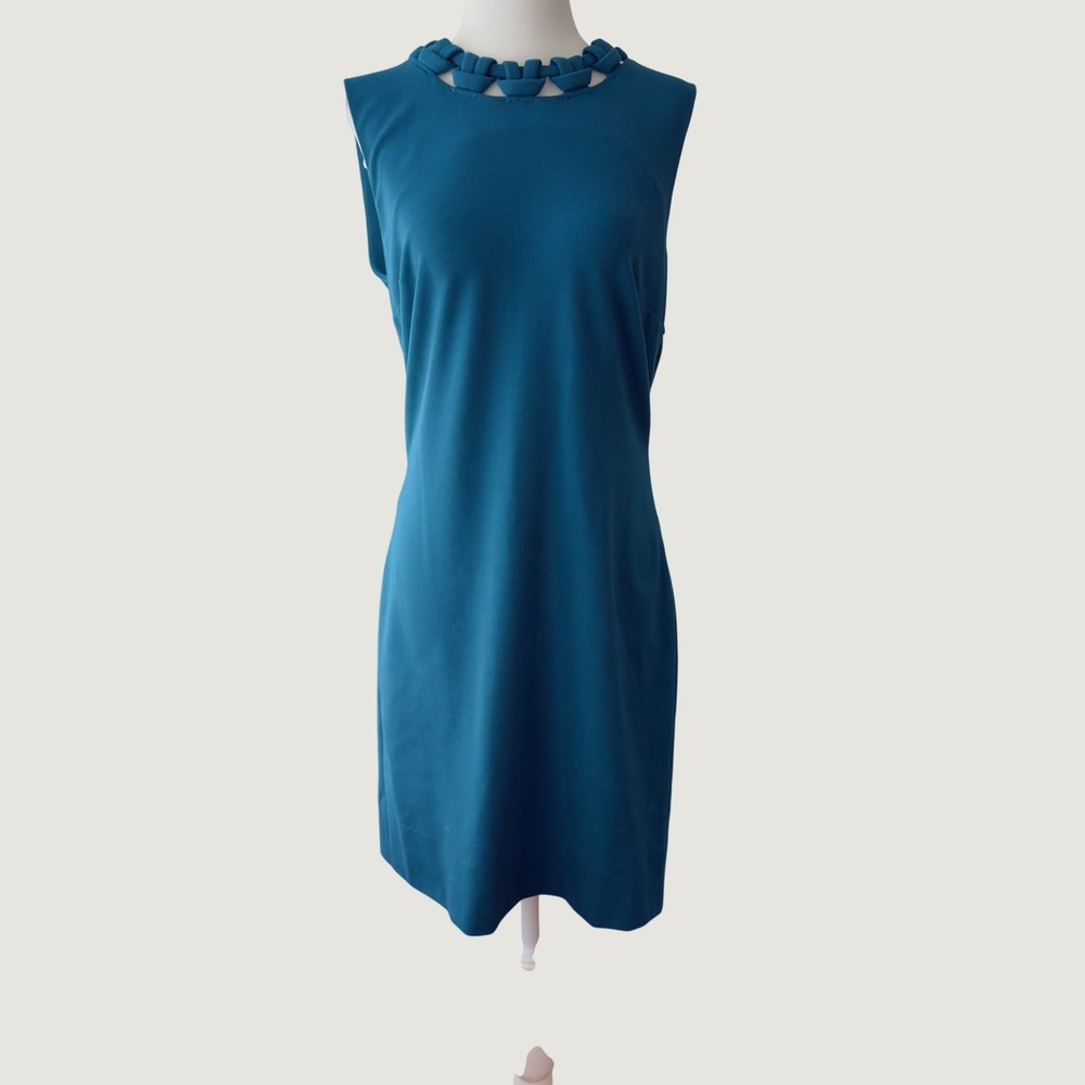 Diane von Furstenberg‎ Teal Blue Braided Neckline Sheath Dress Size 10 DVF Knit